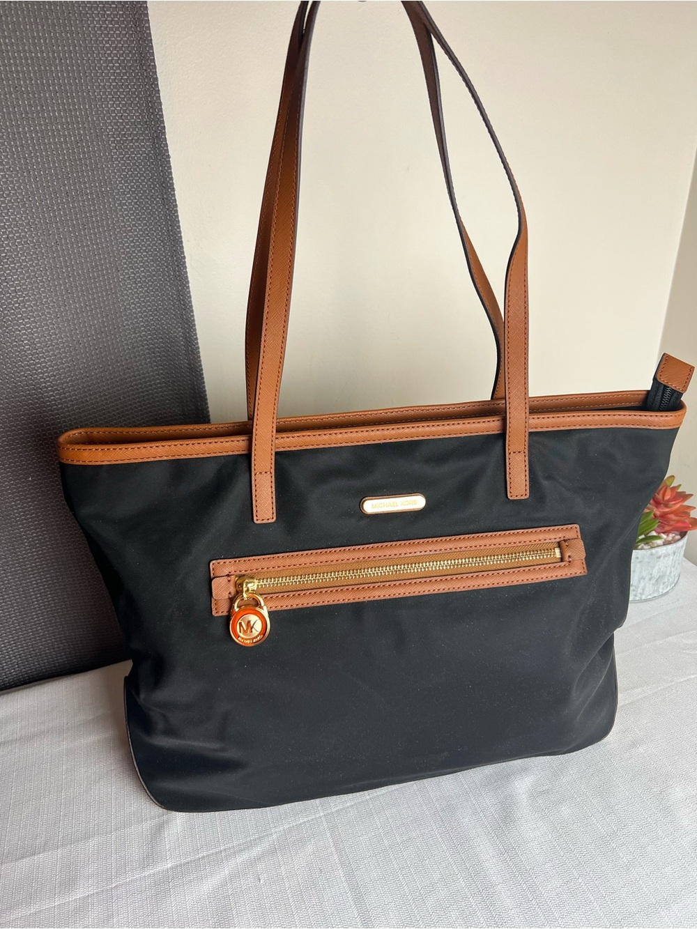 Michael Kors Large Black Tote with Brown Trim and Gold Hardware